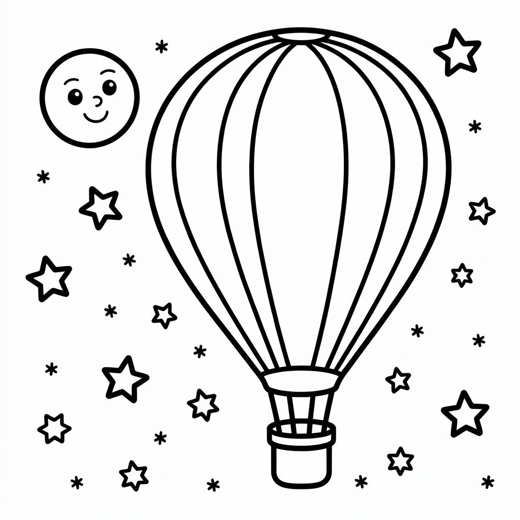Sternenhimmel mit Heißluftballon – kostenlose Malvorlage