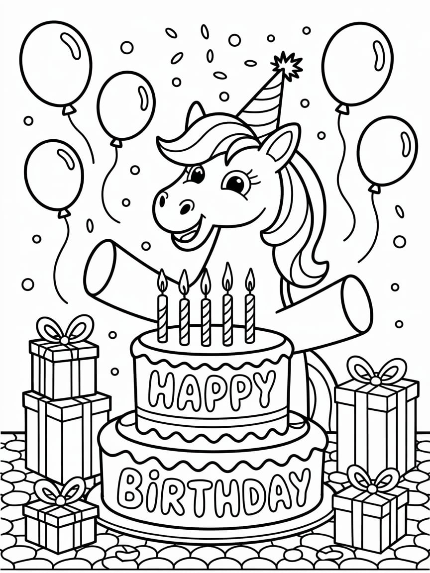Unicorn Birthday Party With Cake Coloring Page