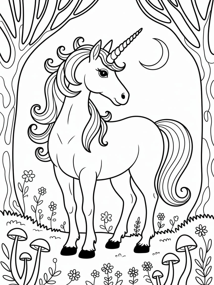 Unicorn In Mystical Forest At Night Coloring Page