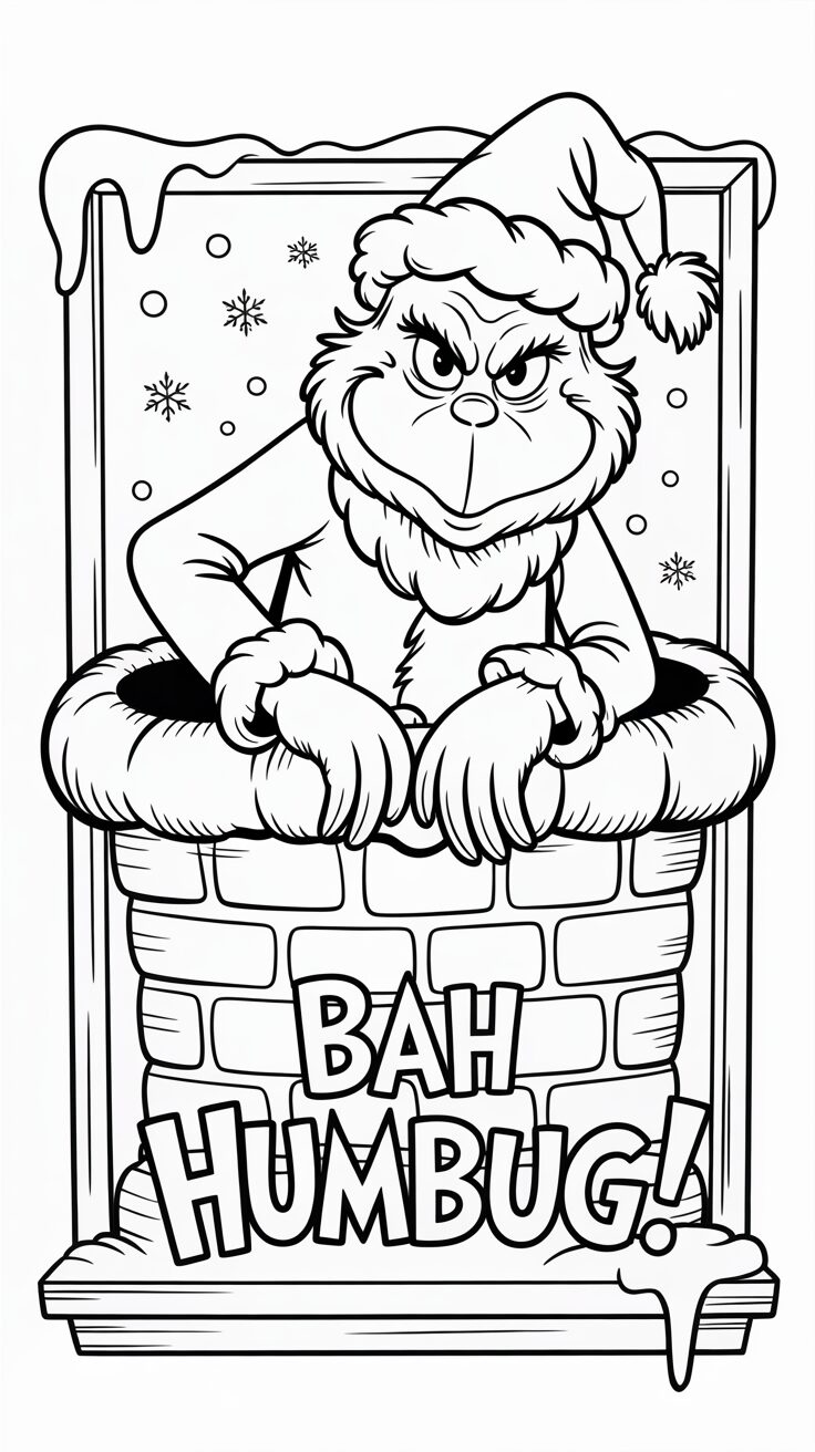 Boze Grinch in schoorsteen kleurplaat