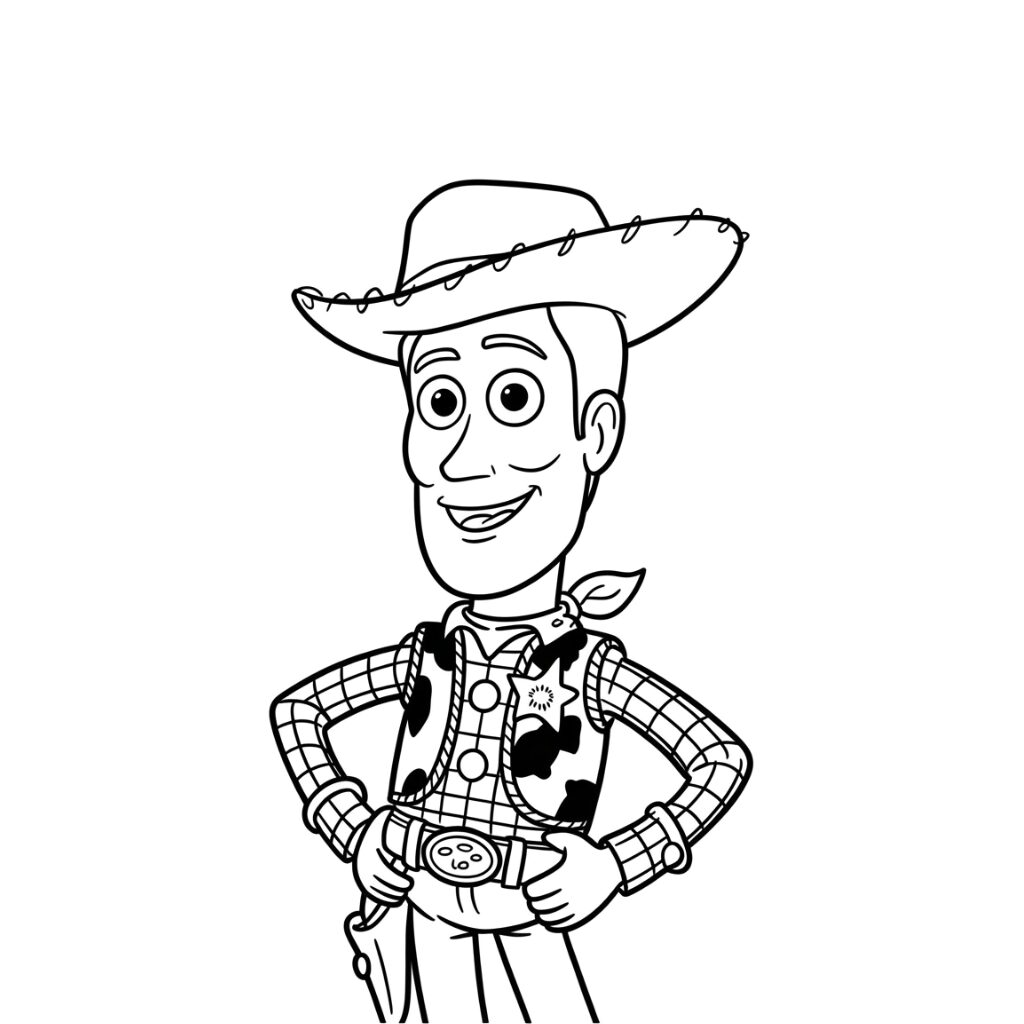 Downloadbare kleurplaat Woody en zijn cowboyoutfit