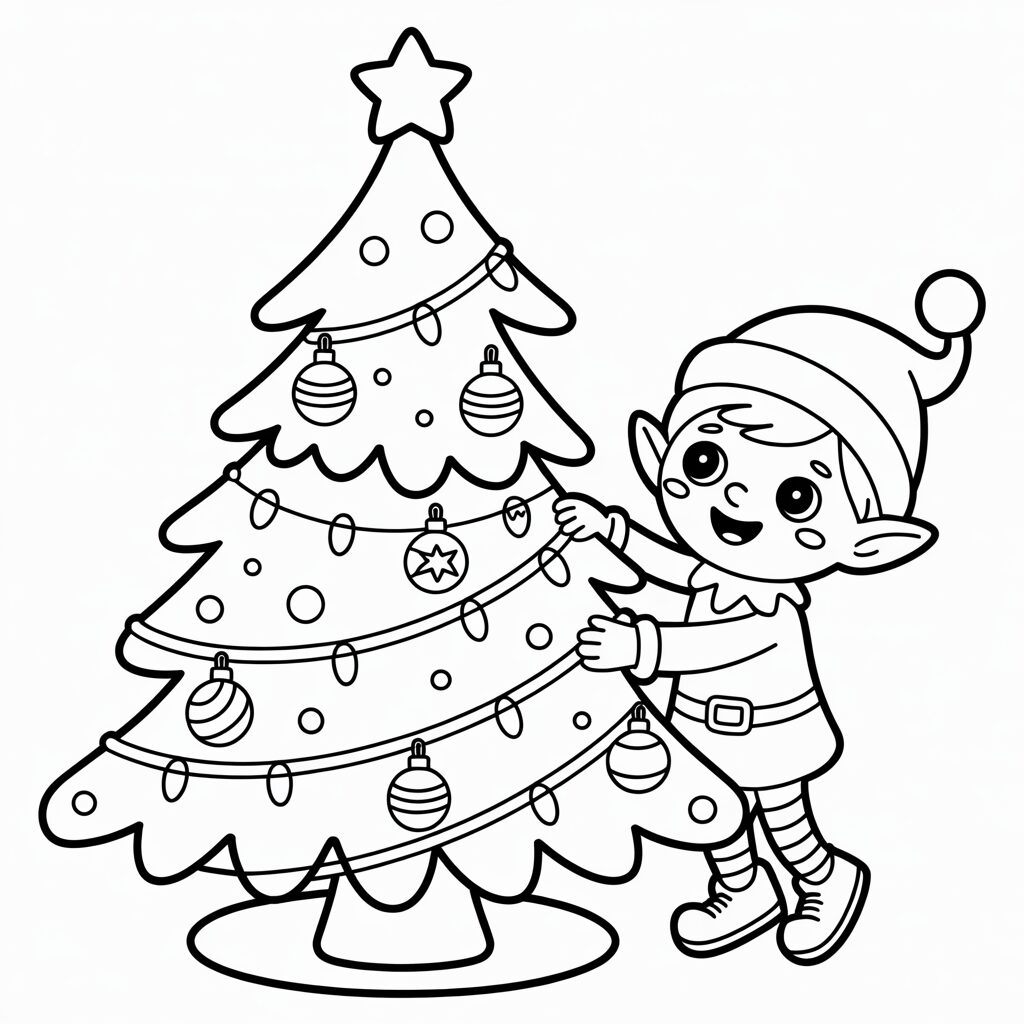 Elf met kerstboom kleurplaat PDF