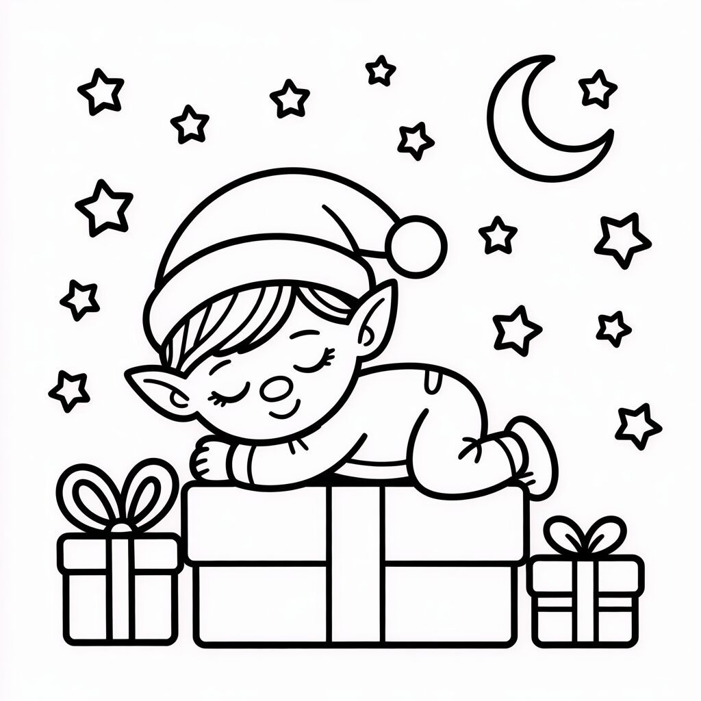 Elf slaapt op een cadeautje kleurplaat PDF