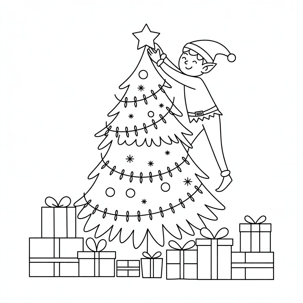 Gratis print elf versiert de kerstboom