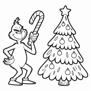 Grinch met zuurstok en kerstboom kleurplaat