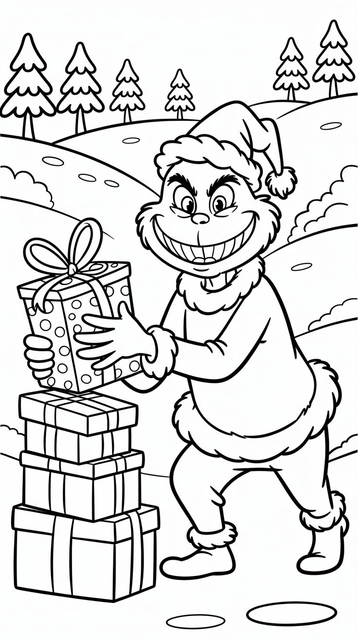 Grinch steelt cadeaus kleurplaat