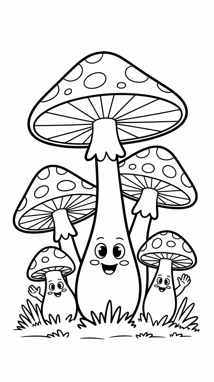 Schattige paddestoelen met gezichtjes kleurplaat om te printen