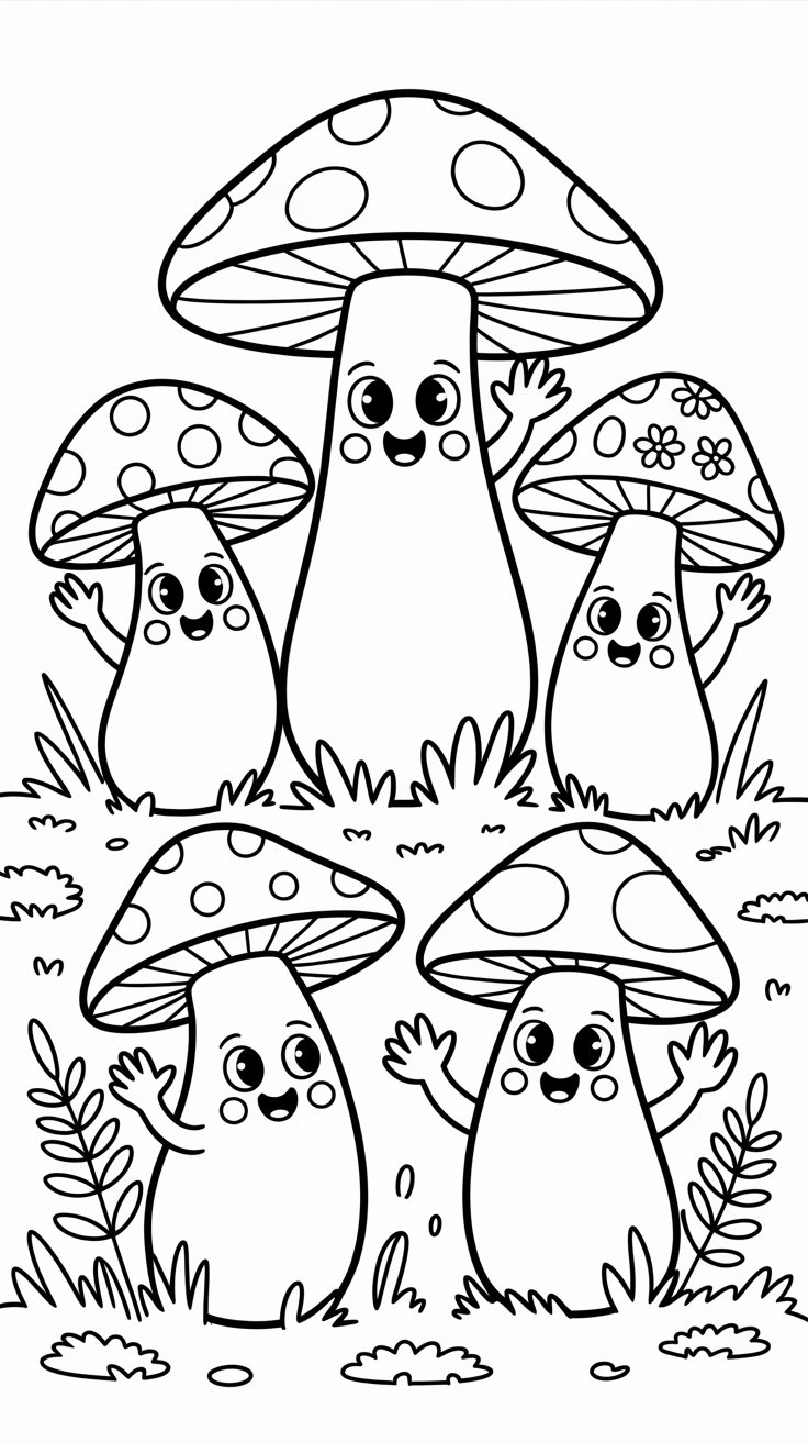 Schattige paddestoelen met gezichtjes zwart-wit tekening
