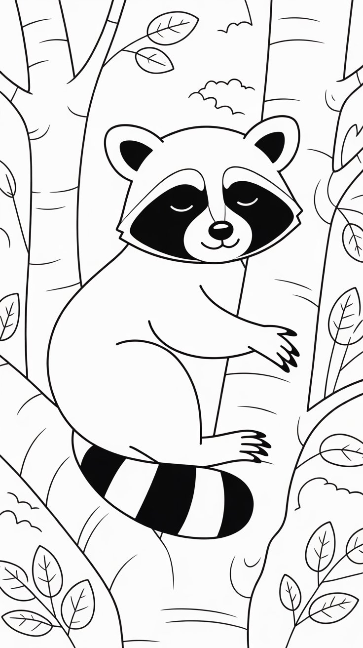 Slapende wasbeer in een boom kleurplaat downloaden