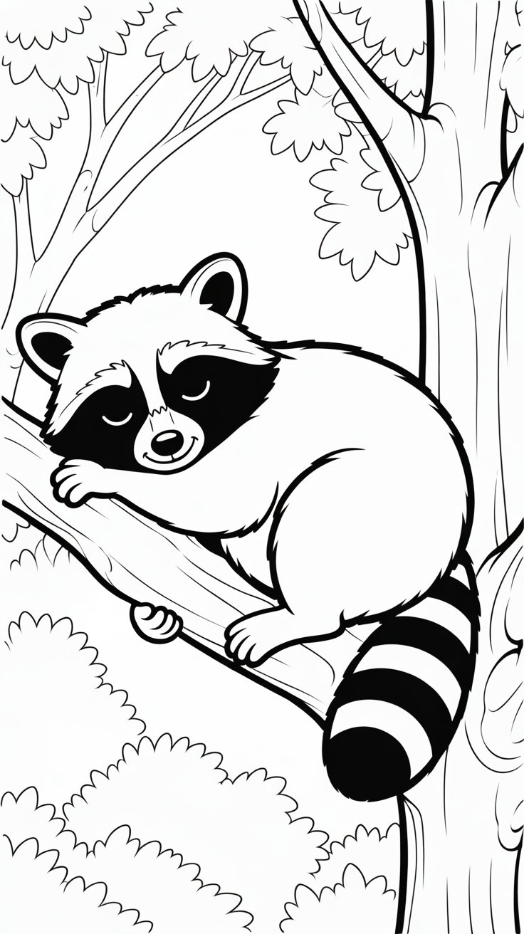 Slapende wasbeer in een boom kleurplaat om te printen