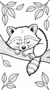 Slapende wasbeer in een boom printbare tekening