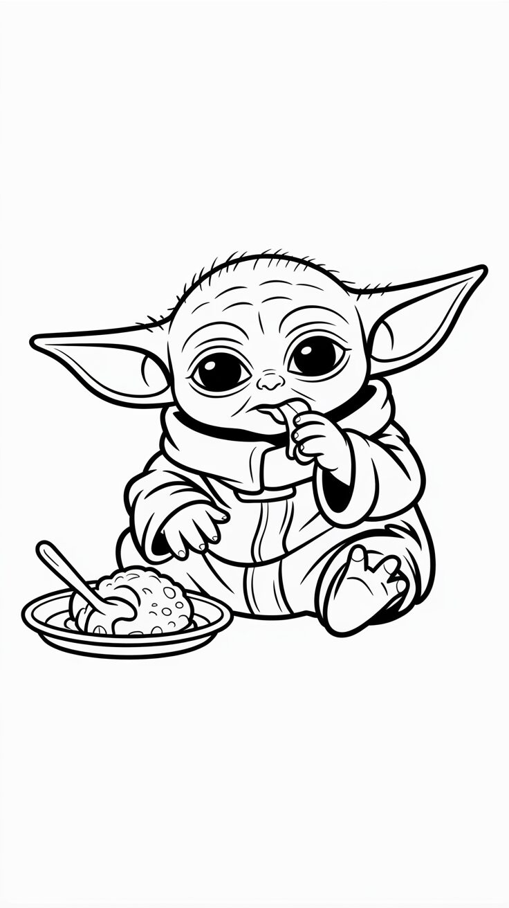 Baby Yoda eet met lepel kleurplaat