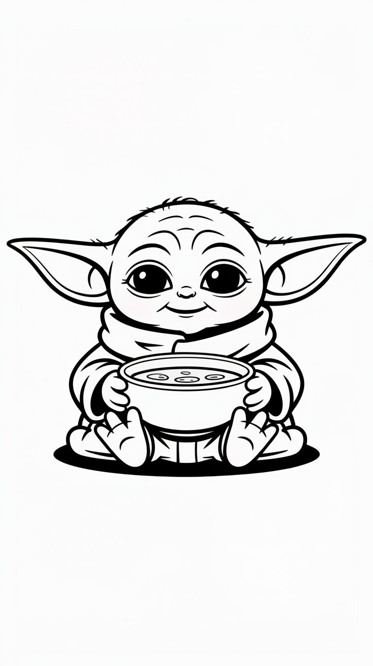 Baby Yoda met soepkom in zijn handen kleurplaat