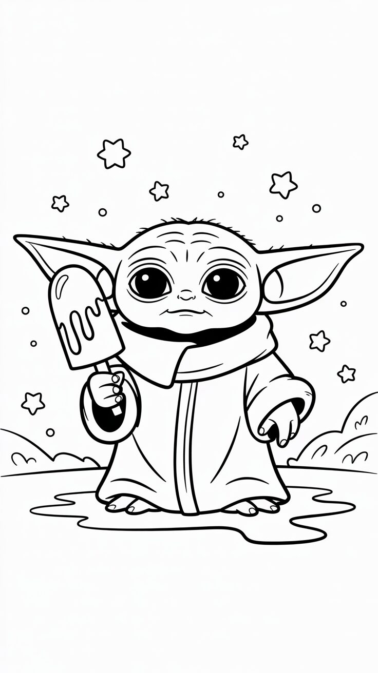 Baby Yoda met zijn lievelingseten kleurplaten