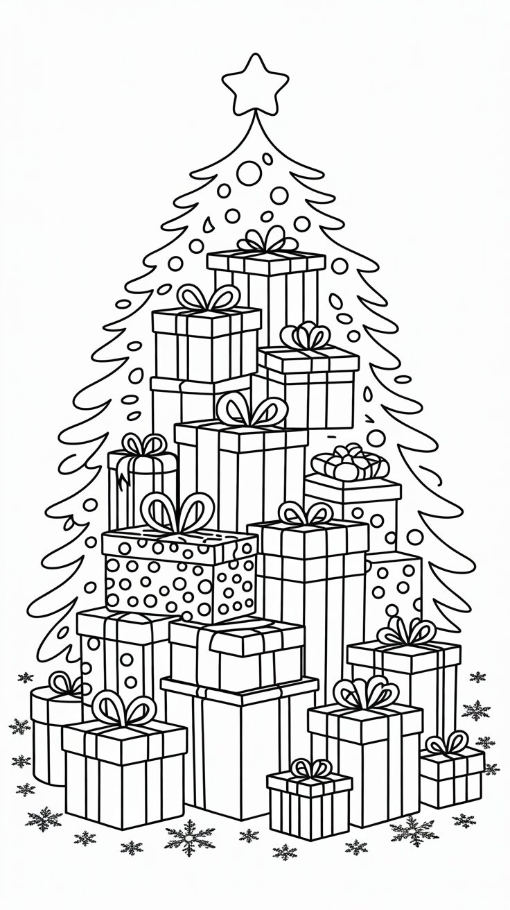 Berg kerstcadeaus onder boom kleurplaat