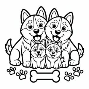 Blije husky familie met bot kleurplaat