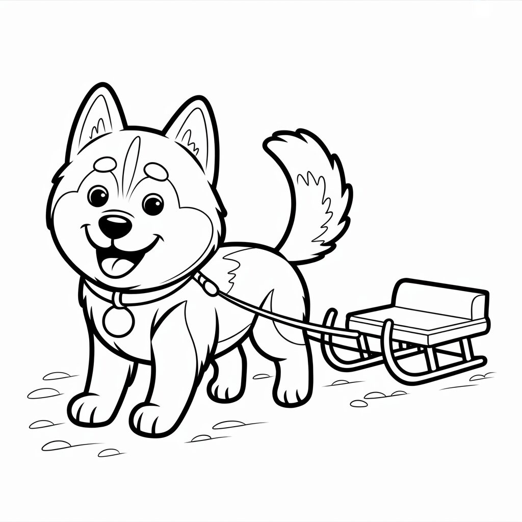 Blije husky met slee van voren kleurplaat