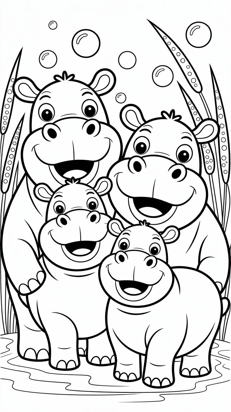 Blije nijlpaarden familie kleurplaat