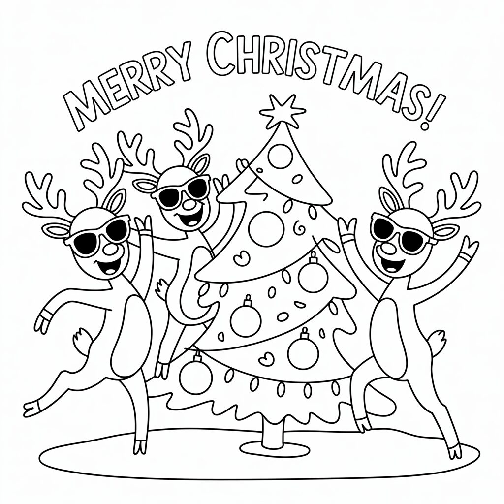 Dansende rendieren kerstboom kleurplaat