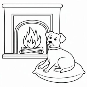 Page de coloriage chien près de la cheminée