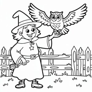 Coloriage de sorcière d’Halloween à télécharger pour enfants.
