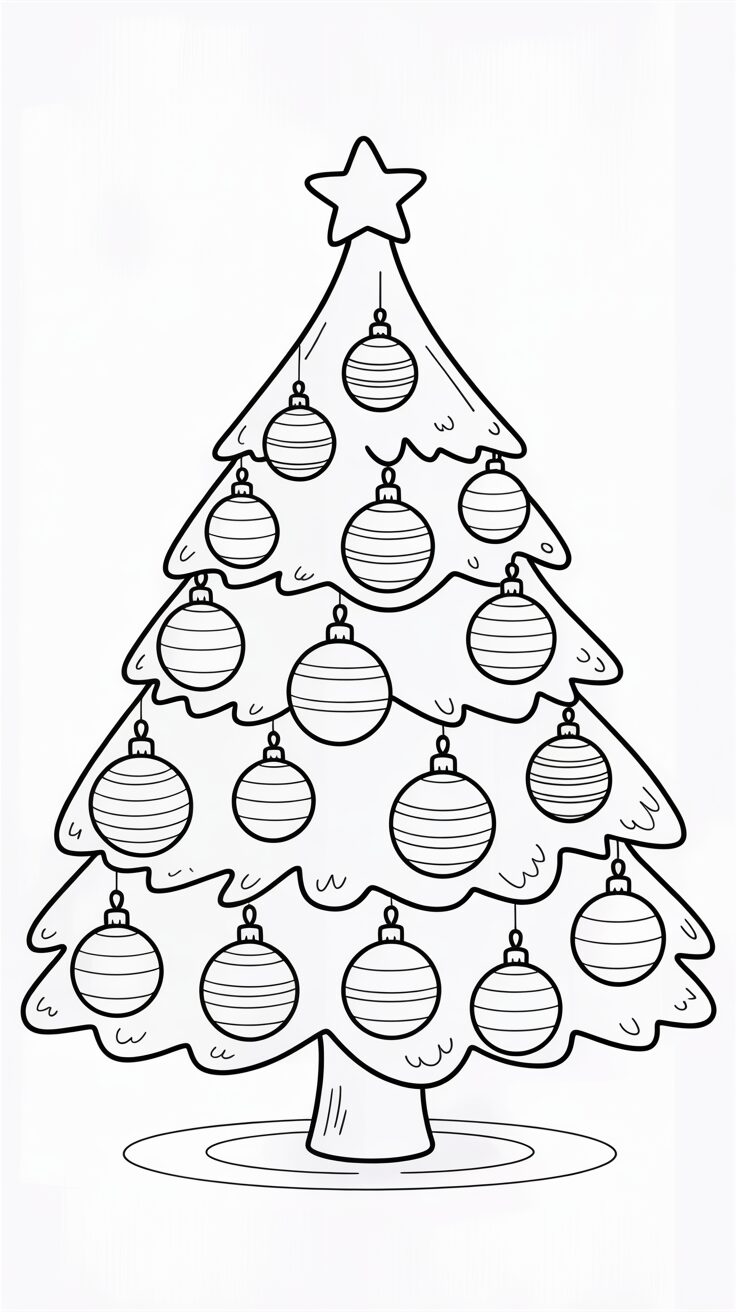 Grote kerstboom vol kerstballen kleurplaat