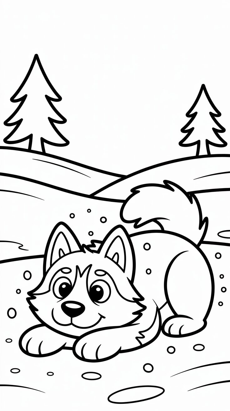 Husky duikt in de sneeuw kleurplaat
