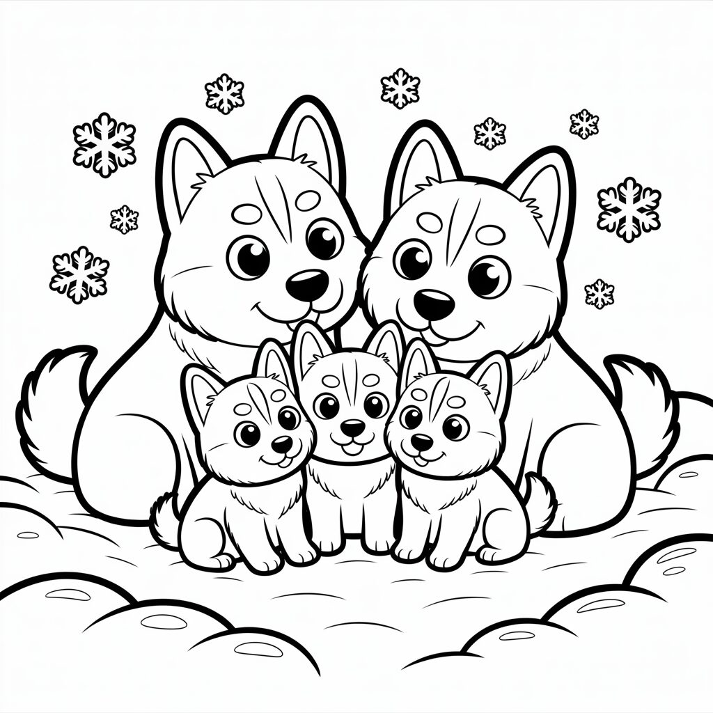 Husky familie in de sneeuw kleurplaat