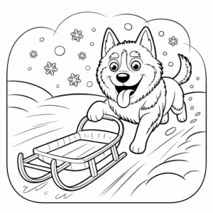 Husky rent met slee door de sneeuw kleurplaat