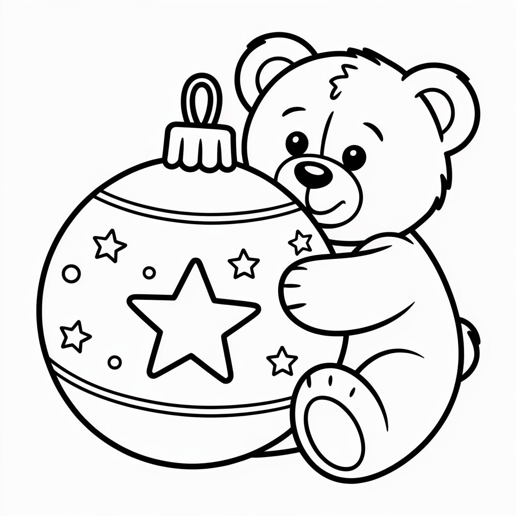 Kerstbeer knuffelt kerstbal met ster kleurplaat