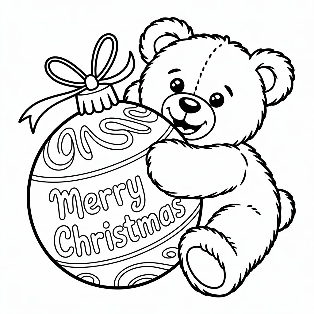 Kerstbeer met Merry Christmas bal kleurplaat