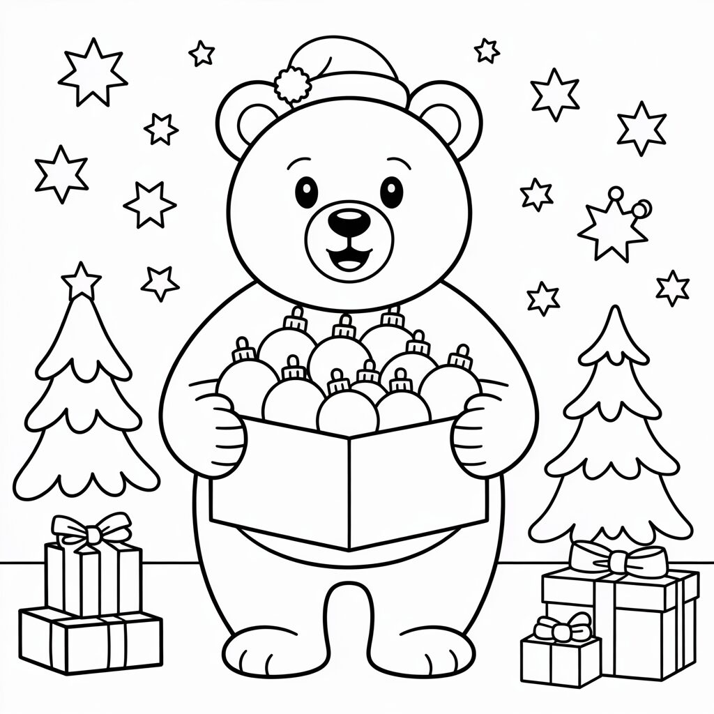 Kerstbeer met doos vol kerstballen kleurplaat