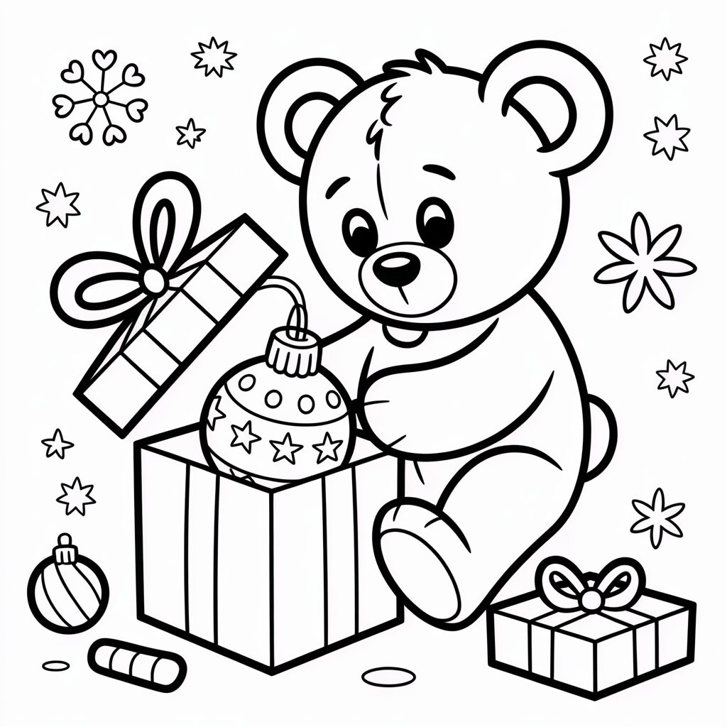 Kerstbeer opent cadeau kleurplaat