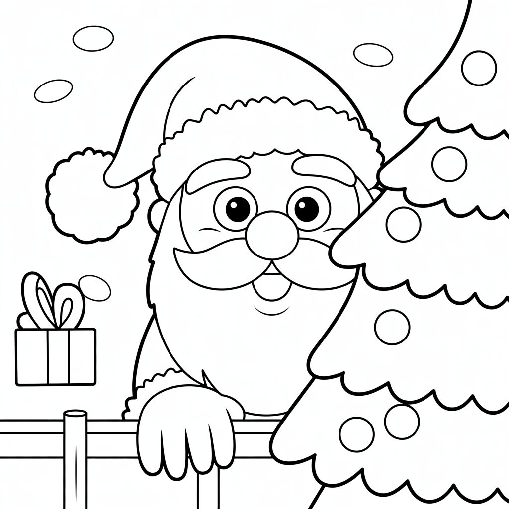 Kerstman gluurt achter kerstboom kleurplaat