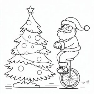 Weihnachtsmann auf Einrad mit Weihnachtsbaum – Ausmalbild