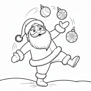 Kleurplaat Kerstman jongleert met kerstballen