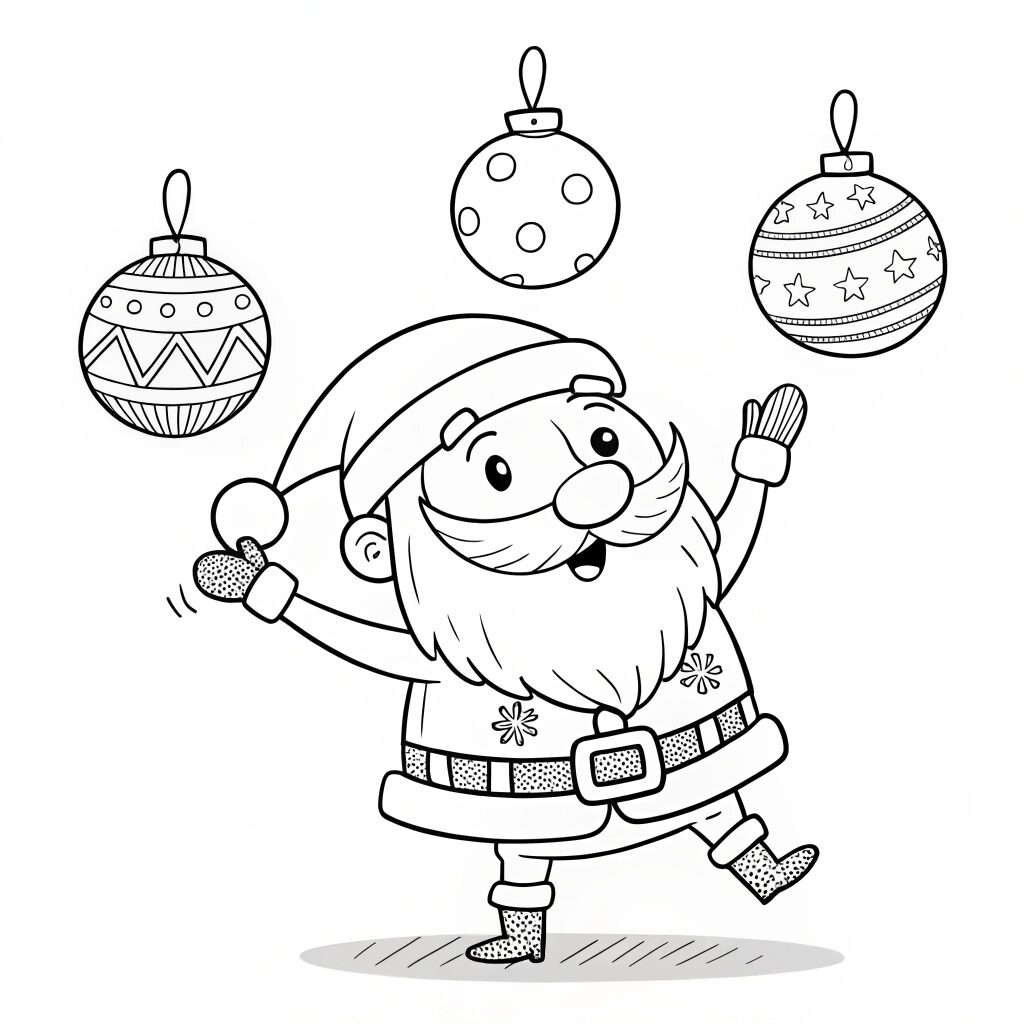 Kleurplaat Vrolijke Kerstman jongleert kerstballen
