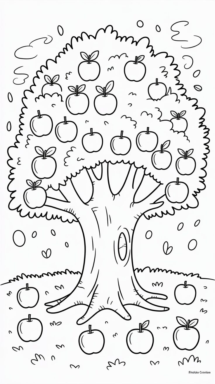 Kleurplaat appelboom met vallende appels op de grond