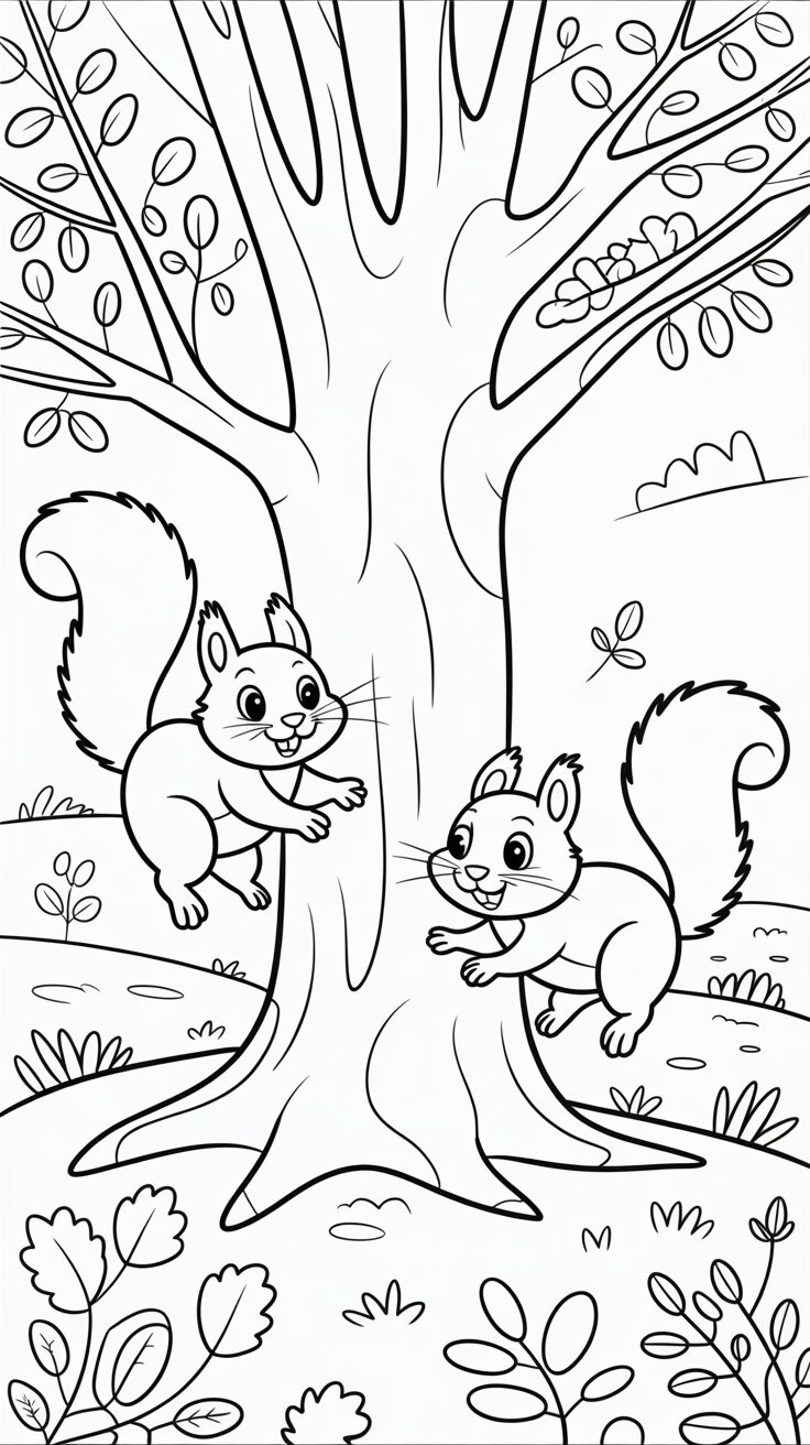 Kleurplaat eekhoorns bij boom