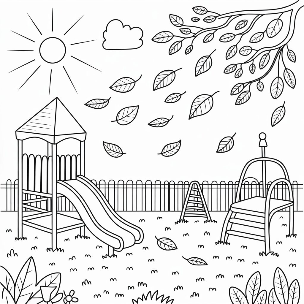 Kleurplaat herfst op de speelplaats