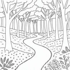 Coloriage forêt d’automne avec chemin sinueux