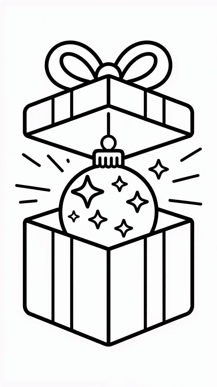 Kleurplaat kerstbal als cadeau met fonkelende sterren