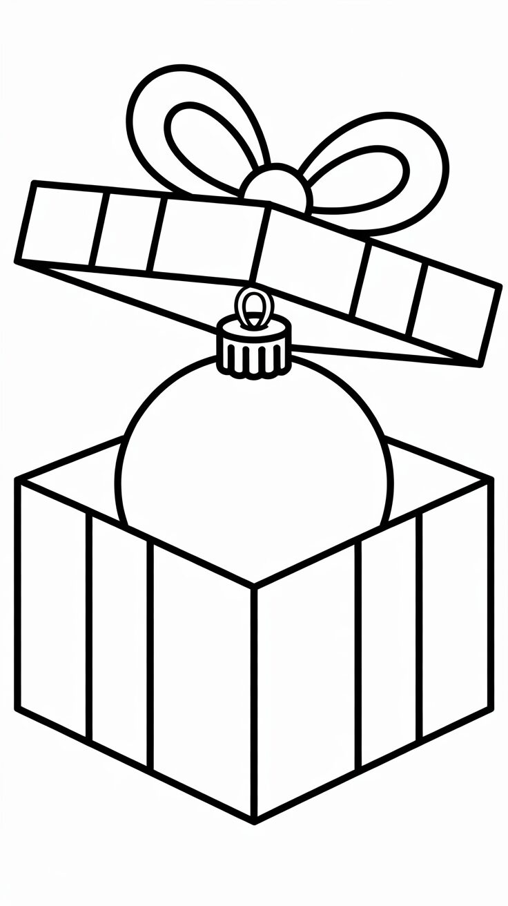 Kleurplaat kerstbal in cadeaudoos met strik