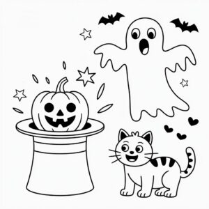 Ausmalbild Kürbis mit Katze und Geist