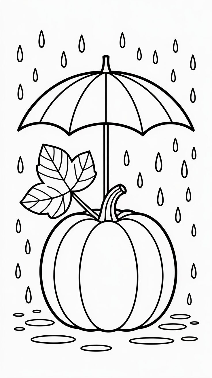 Kleurplaat pompoen met paraplu in de regen