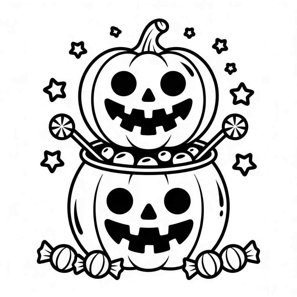 Kleurplaat pompoenen met snoepjes