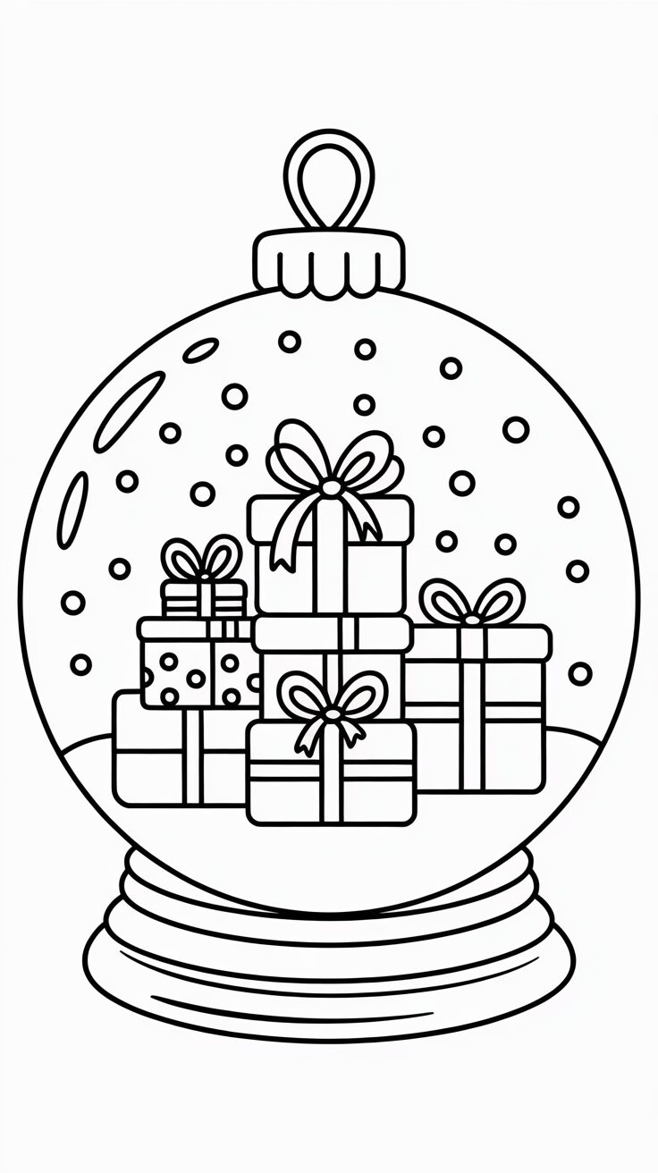 Kleurplaat sneeuwbol met stapel kerstcadeaus binnenin