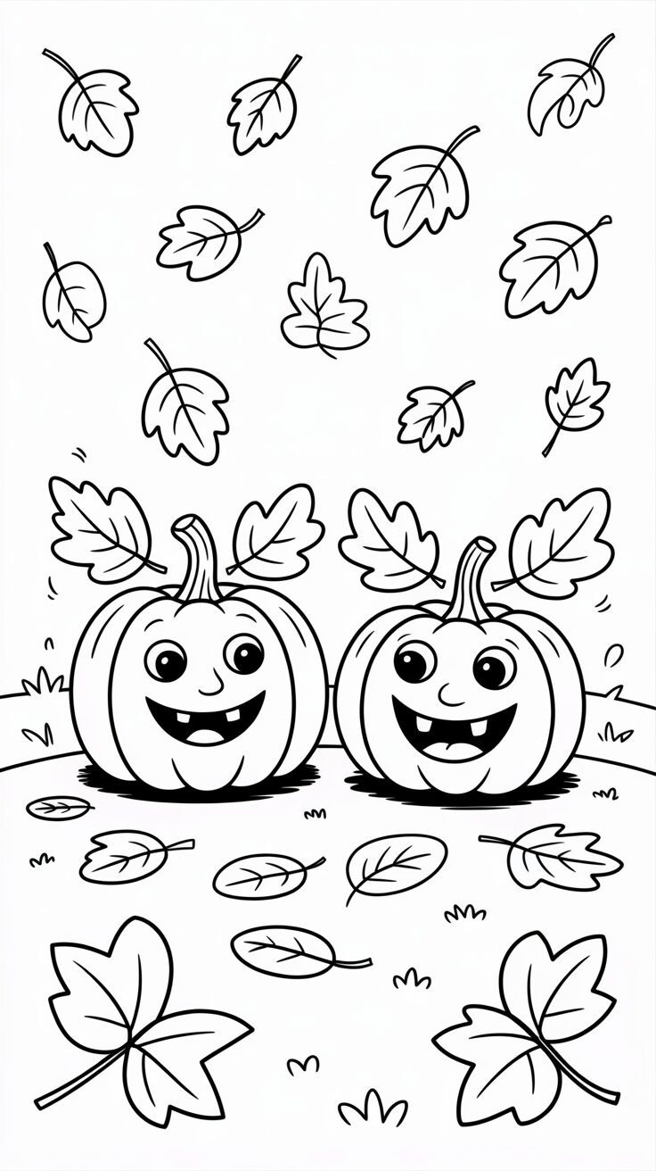 Kleurplaat twee lachende pompoenen in vallende bladeren