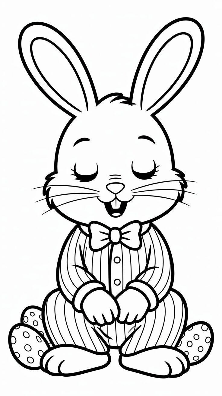 Kleurplaat van een slapend konijn in streepjespyjama