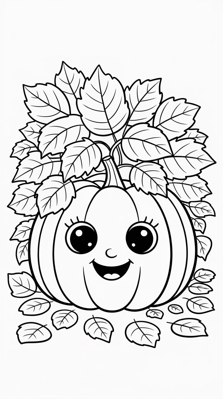 Kleurplaat vrolijke pompoen met herfstbladeren